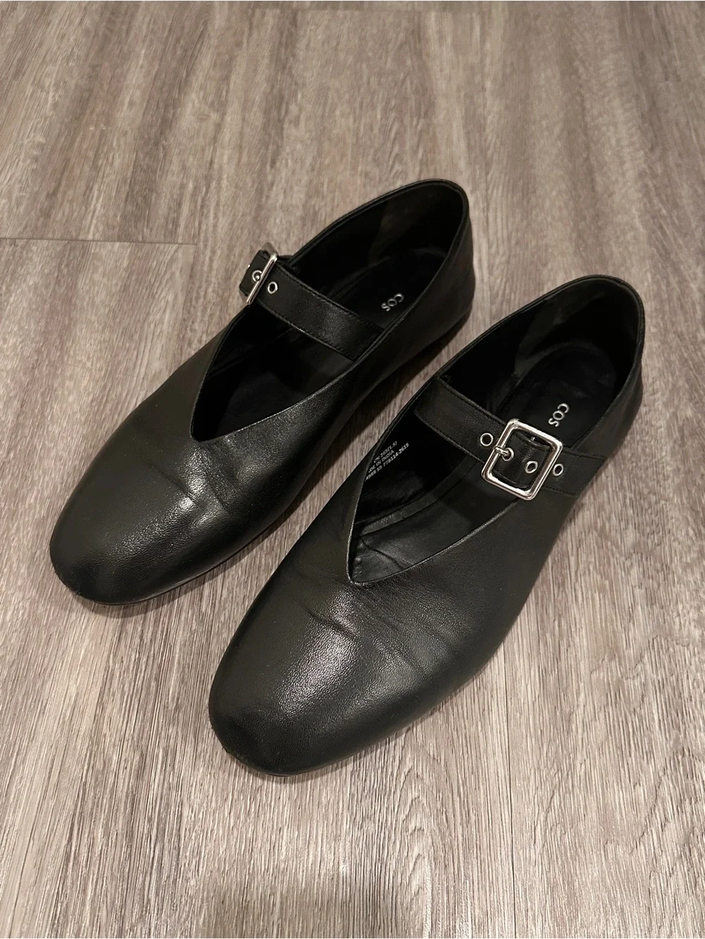 COS Women’s Black Leather Mary Jane Ballet Flats Silver Buckle Sz 42 US 11 - Picture 1 of 7